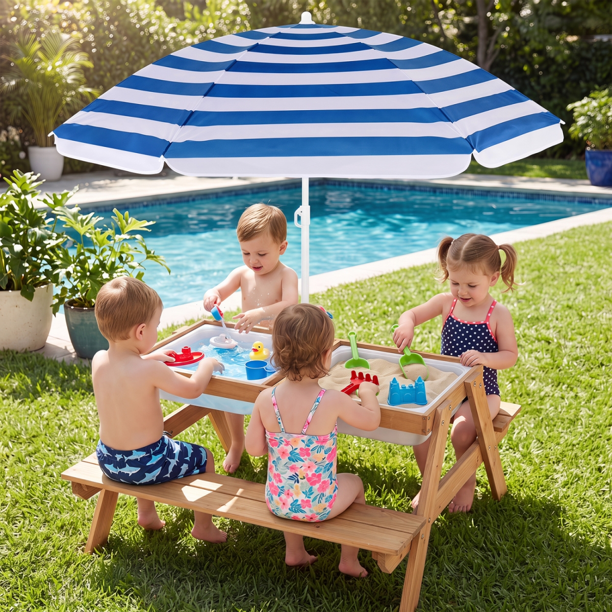 HY10008NY 3-in-1 Kids Outdoor Picnic Water Sand Table with Removable Umbrella & Boxes - Navy