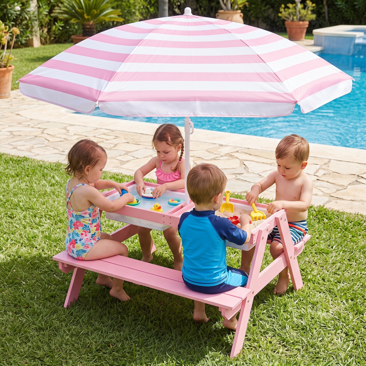 HY10008PI 3-in-1 Kids Outdoor Picnic Water Sand Table with Removable Umbrella & Boxes - Pink
