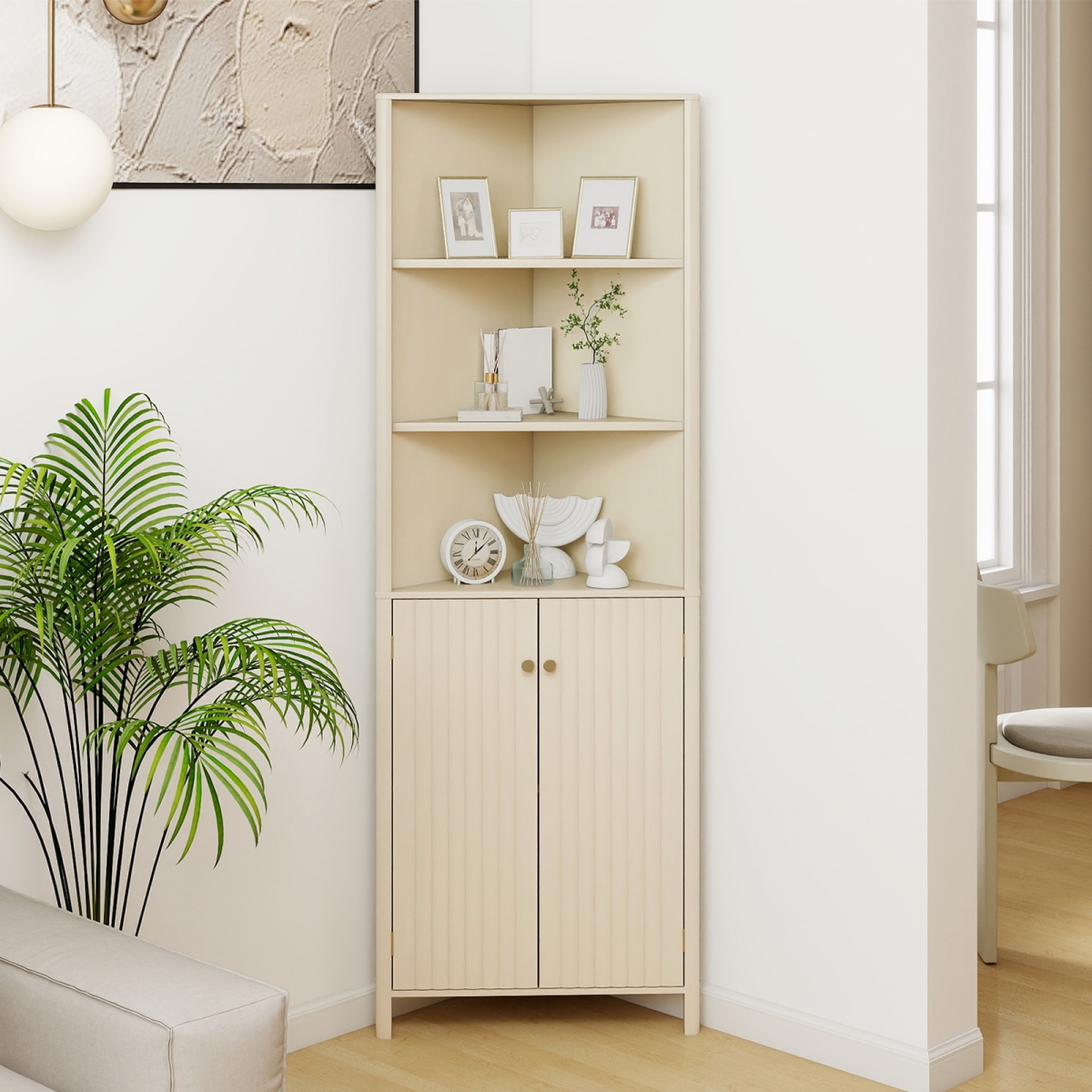 JV12920BE 68 in. Tall Corner Cabinet with 5 Shelves & 2 Fluted Doors for Bathroom - Beige