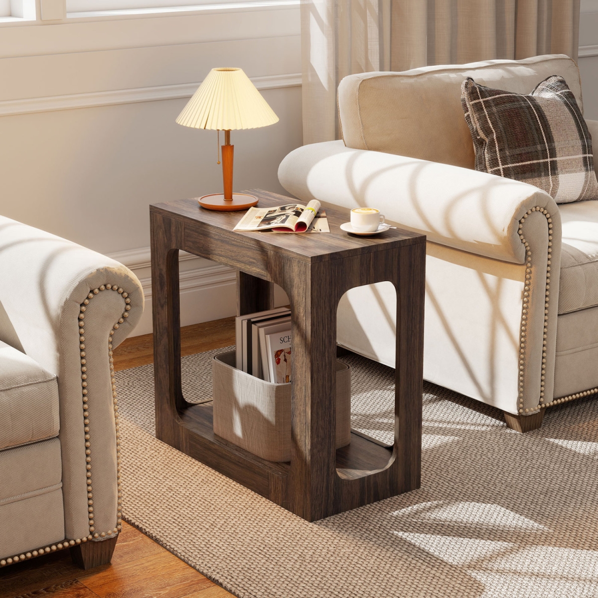 JV13000BN 2-Tier End Table with Storage Shelf for Living Room - Walnut