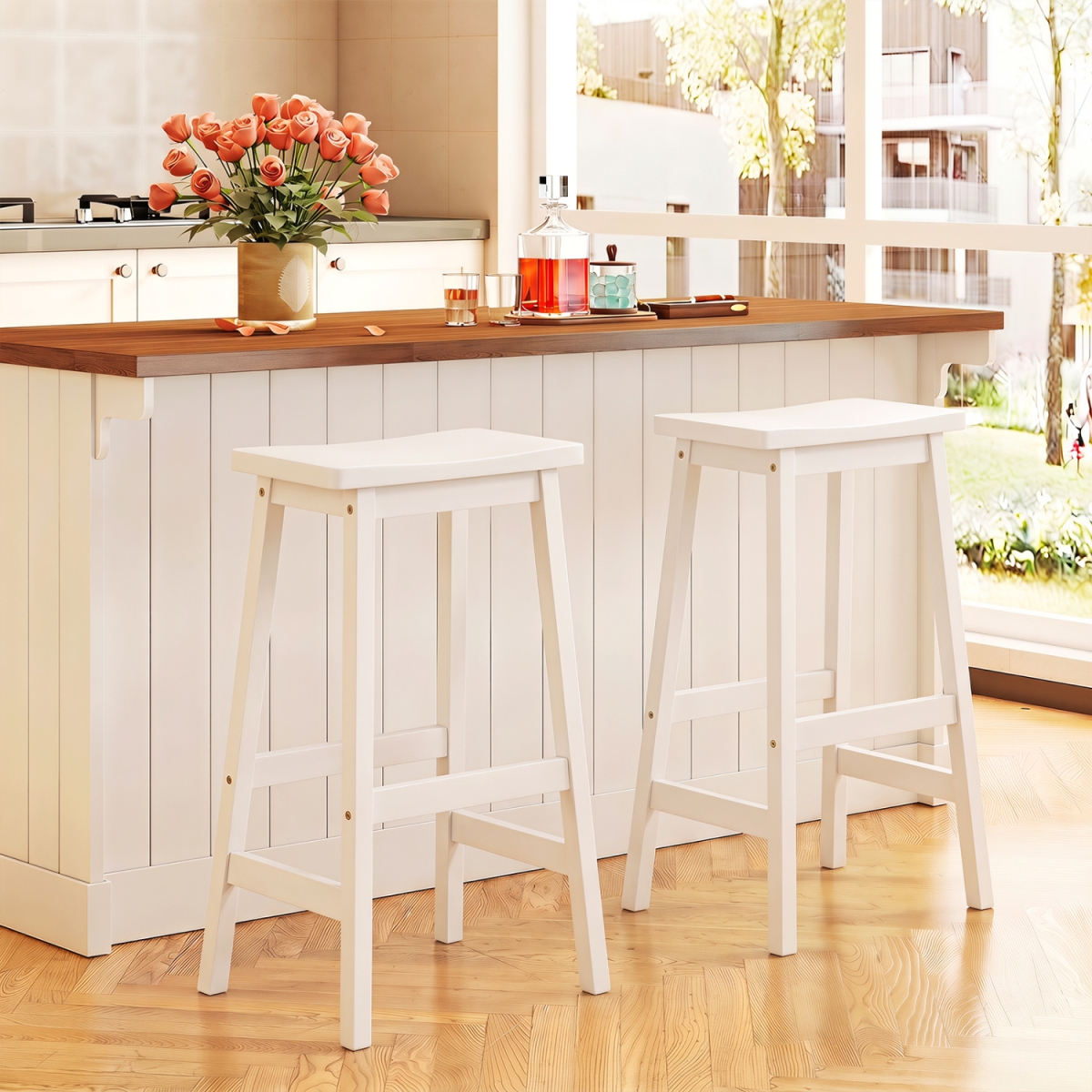 JV13217BS-29 29 in. Saddle-Seat Counter Height Stools with Curved Seat & Footrests - Beige - Set of 2