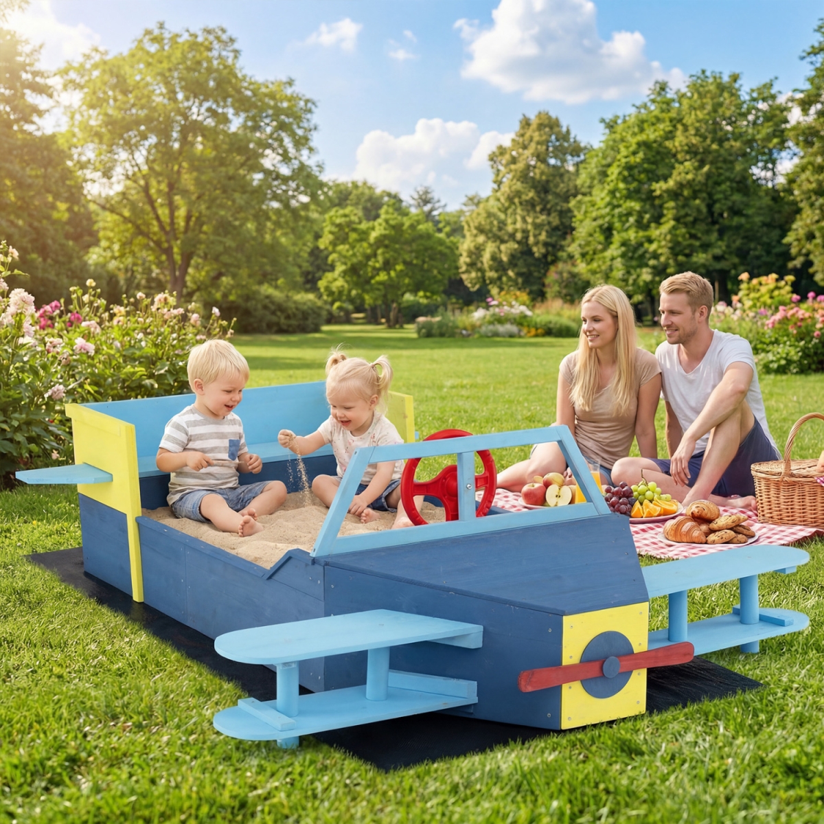 TP10506BL Large Wooden Kids Sandbox with Bottom Liner & Bench Seat - Blue