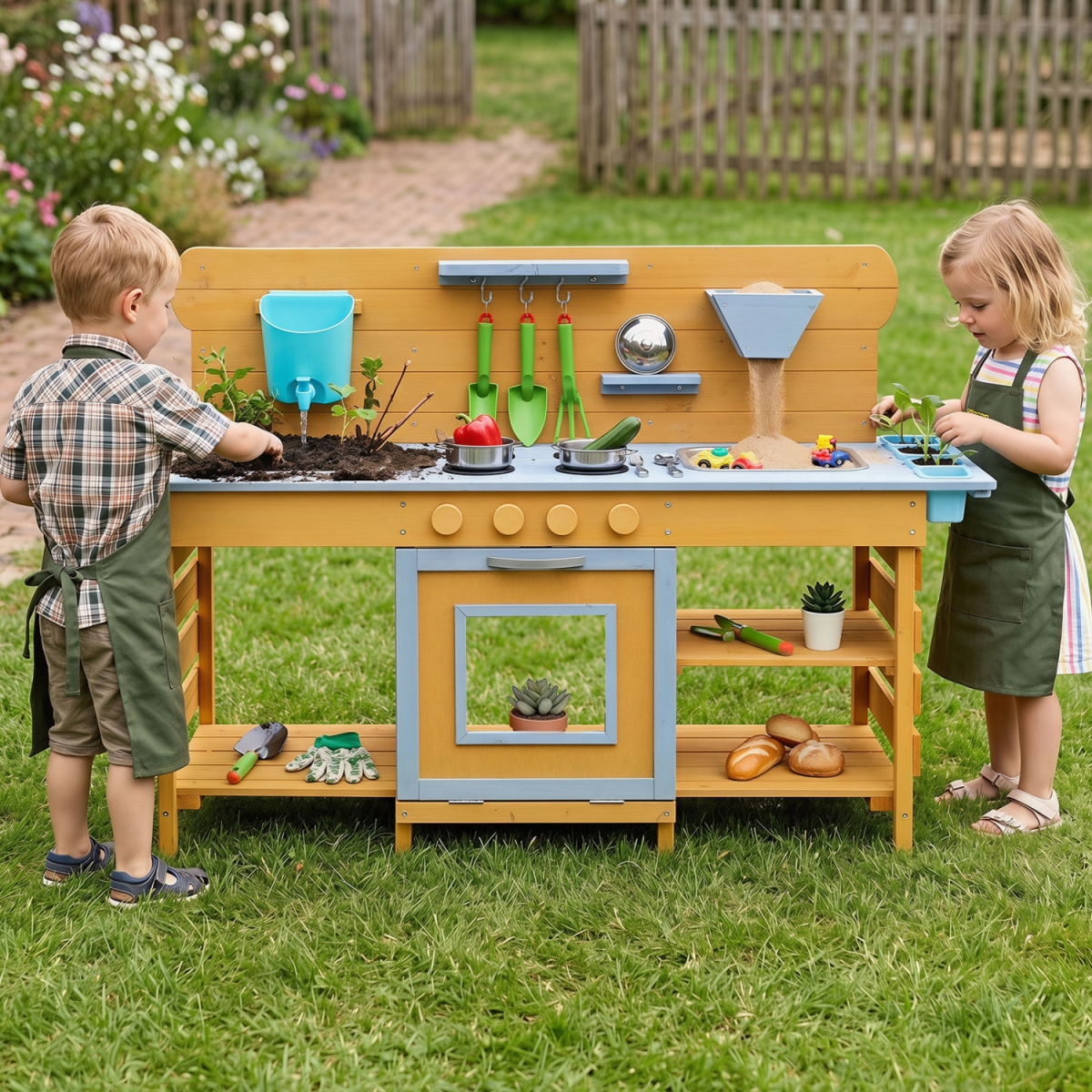 TP10575NA Kids Wooden Mud Kitchen with 2 Sinks & 4 Stoves - Natural