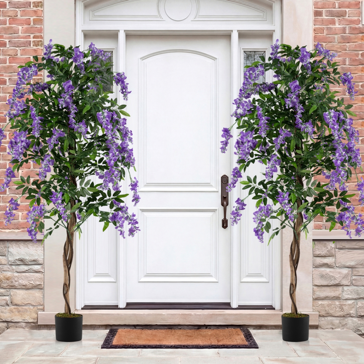 HZ10279PU-2 Fake Ficus Plant 6 ft. Artificial Wisteria Tree with Natural Trunks & Purple Lifelike Flowers - Purple, Natural & Black - Set of 2