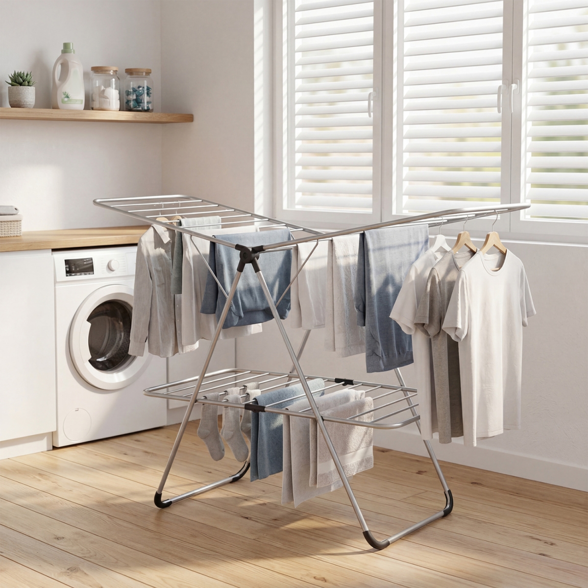 JZ10466 Foldable 2-Tier Clothes Drying Rack Heavy-Duty Aluminum Stainless Steel Laundry Airer - Silver