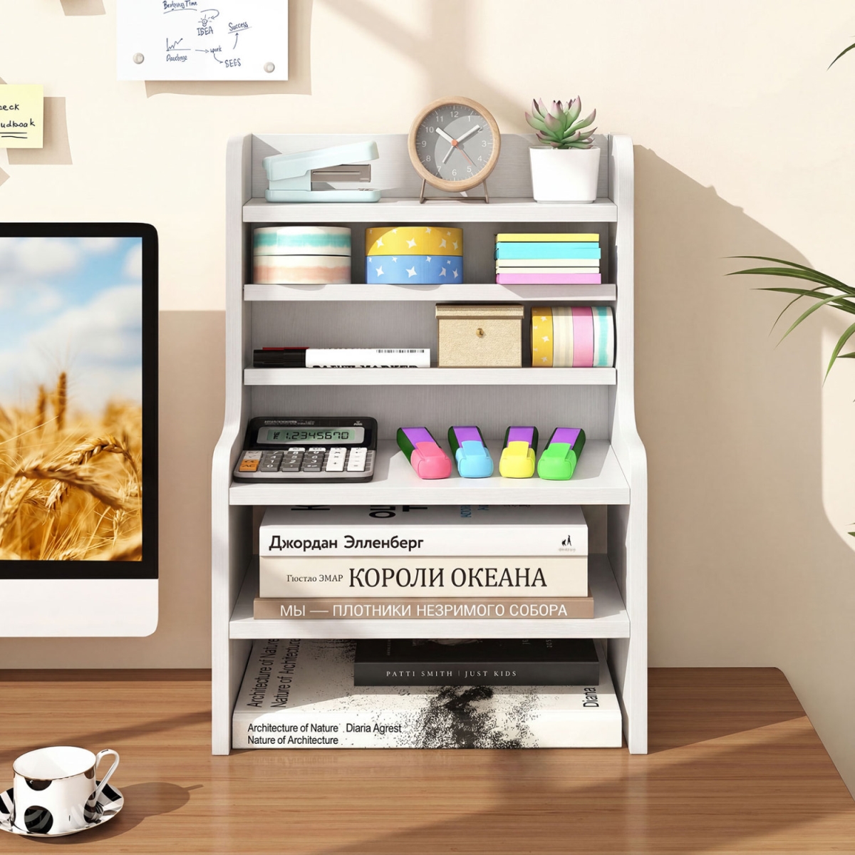 JZ10509WH Desktop Organizer 6-Tier Mini Storage Rack with 2 Removable Shelves - White