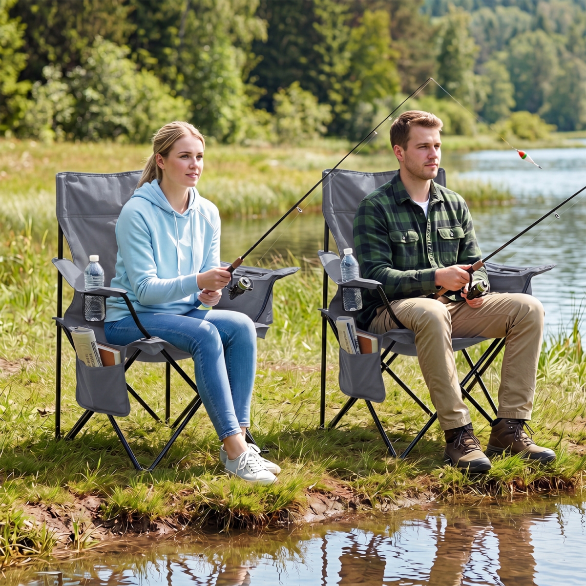 NP13325HS Folding Camping Chair with Mesh Fabric Backrest Solid Metal Frame & Carrying Bag - Gray