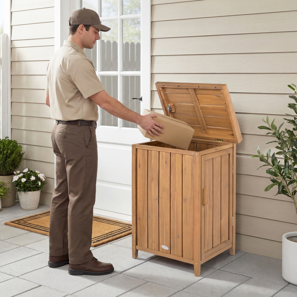 NP13555 Wood Package Delivery Box with Openable Lid & Removable Shelf for Garden - Natural