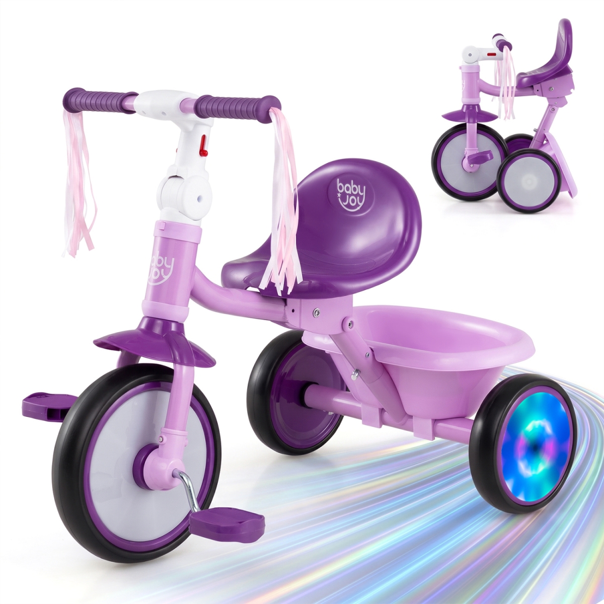 TS10461PP Foldable Toddler Tricycle with Lighting Wheels & Basket for 2-5 Year Old - Purple