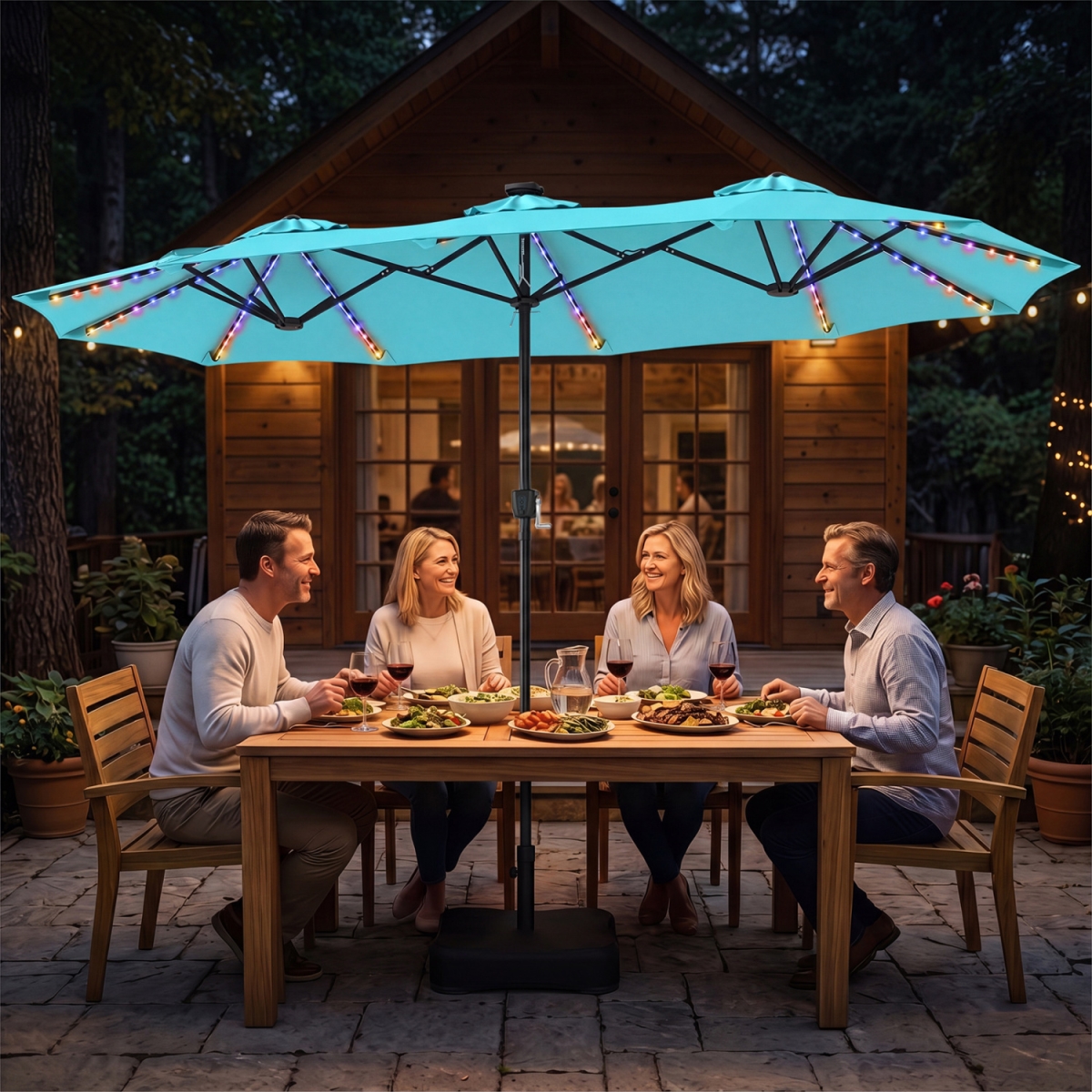 NP13666TU 13 ft. Double-Sided Patio Umbrella with 108 LED Lights & Base Included - Turquoise