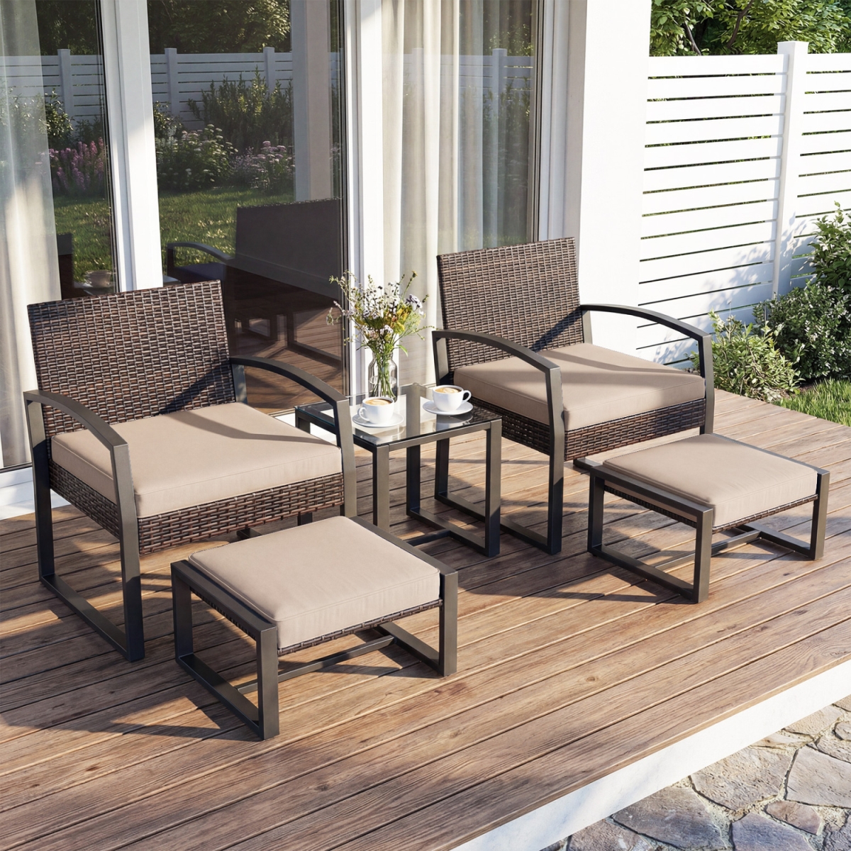 NP13175YW Patio Conversation Set with 2 Ottomans & Tempered Glass Side Table - Beige - 5 Piece