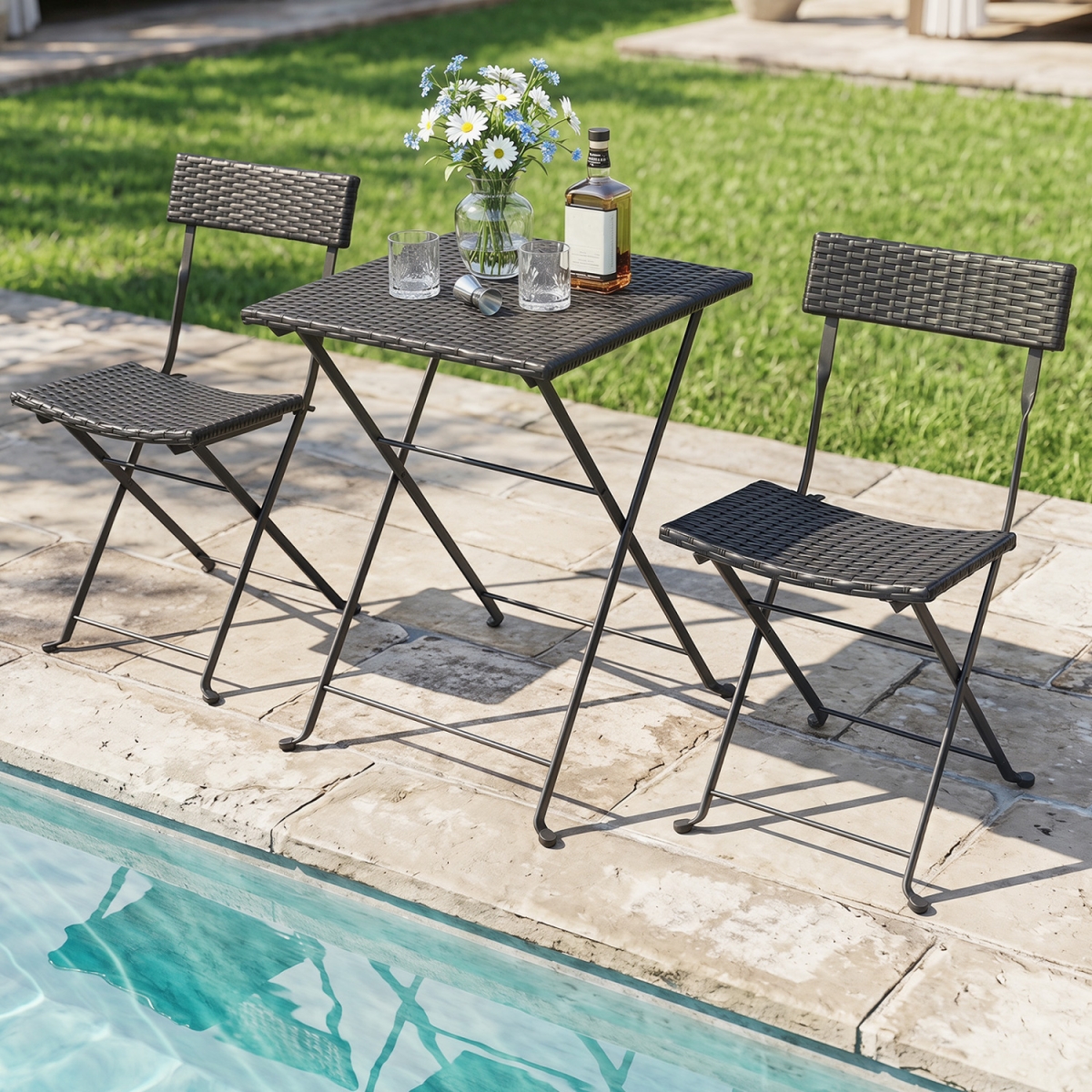 NP13181DK Folding Bistro Set with PE Wicker & X-Shaped Metal Frame - Black - 3 Piece