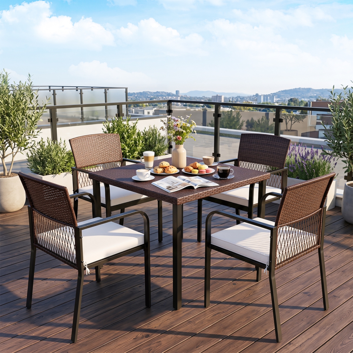 NP13183BE-4 Outdoor Dining Chairs with Padded Cushion & Adjustable for Patio - Beige - Set of 4