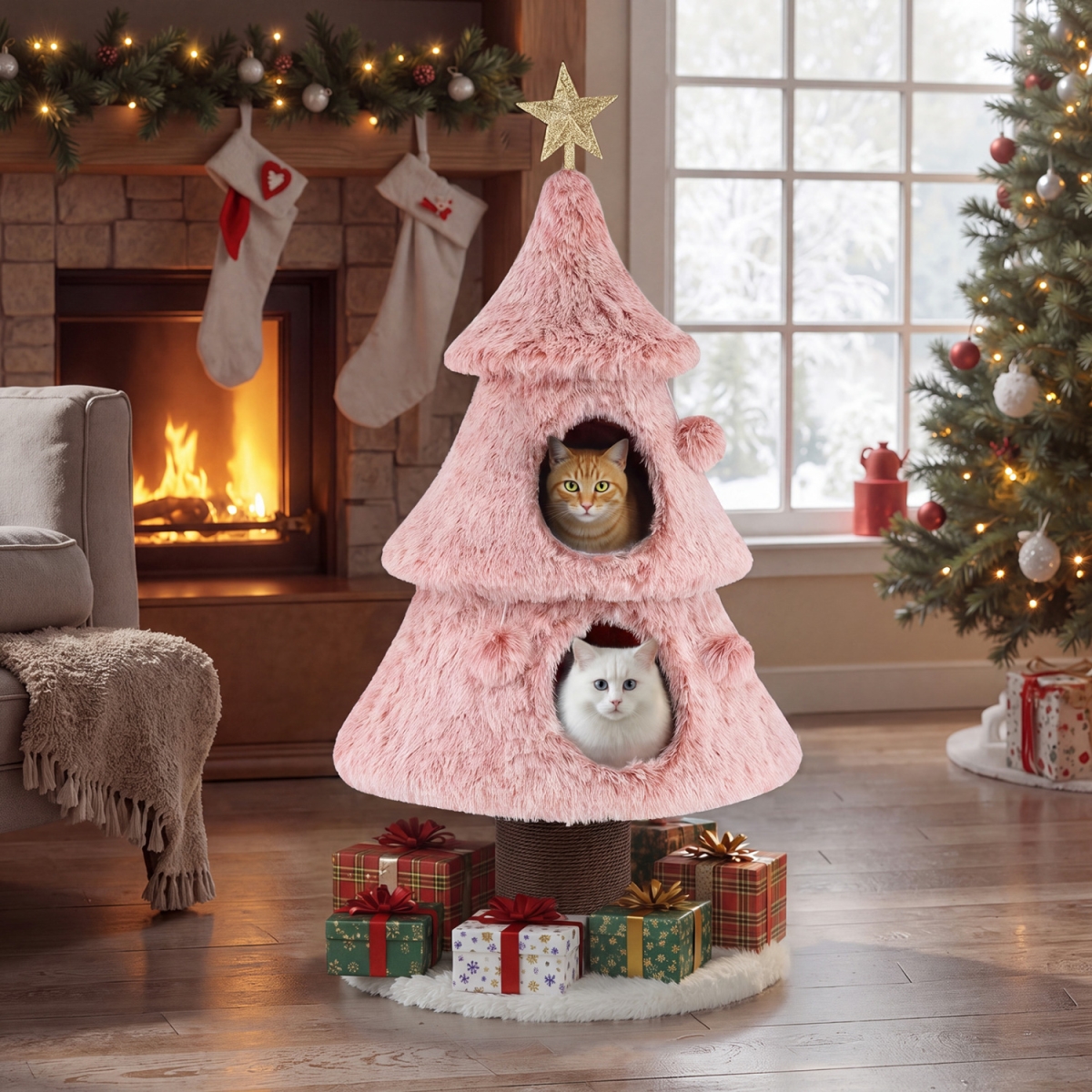 PV10436PI Christmas Cat Tree for Indoor Cats 48.5 in. Cute Cat Tower with 2 Large Condos Scratching Post - Pink