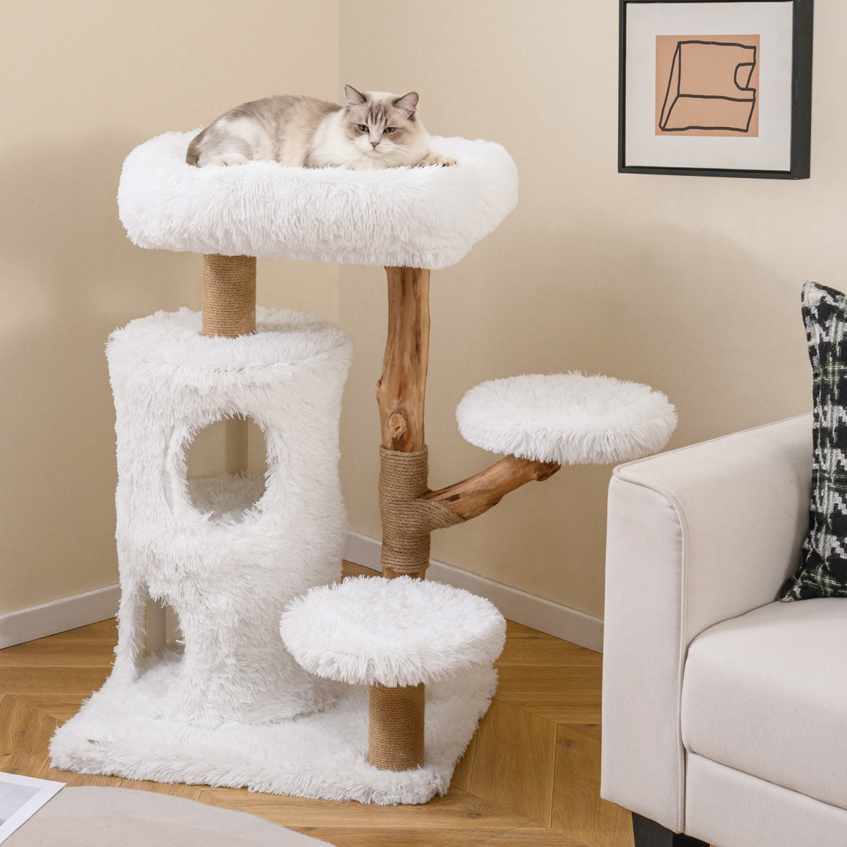 PV10456WH Modern Cat Tree for Indoor Cats 30.5 in. Cat Tower with Real Solid Wood Branches - White
