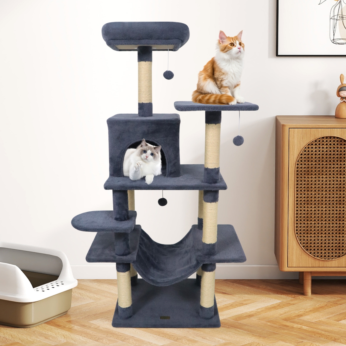 PV10471GR 58 in. Multi-Level Cat Tree Soft Plush Cat Tower with Padded Top Perch - Gray