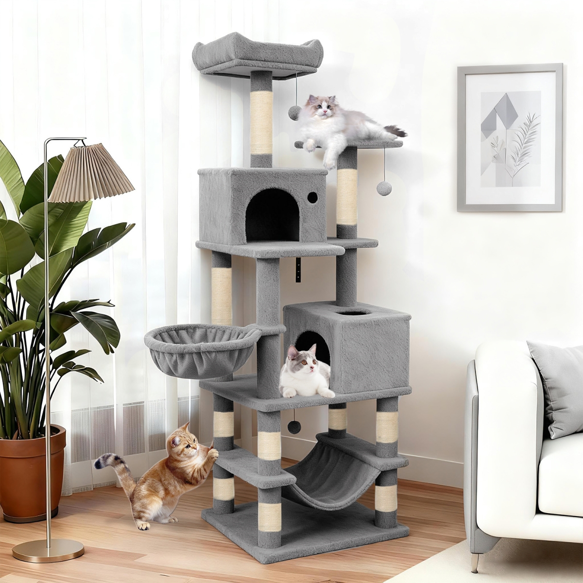 PV10485HS 66 in. Tall Cat Tree Multi-Level Cat Tower with 2 Condos Sisal Scratching Posts - Light Gray