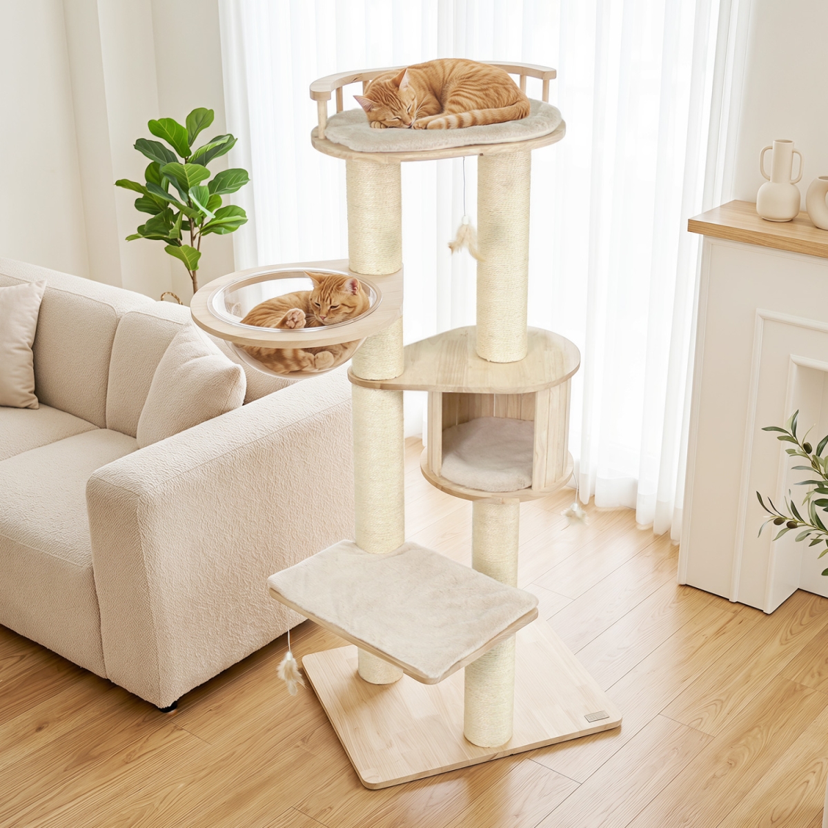 PV10603BE Cat Tree for Indoor Kittens with Top Perch Condo Space & 3 Hanging Feather Toys - Beige