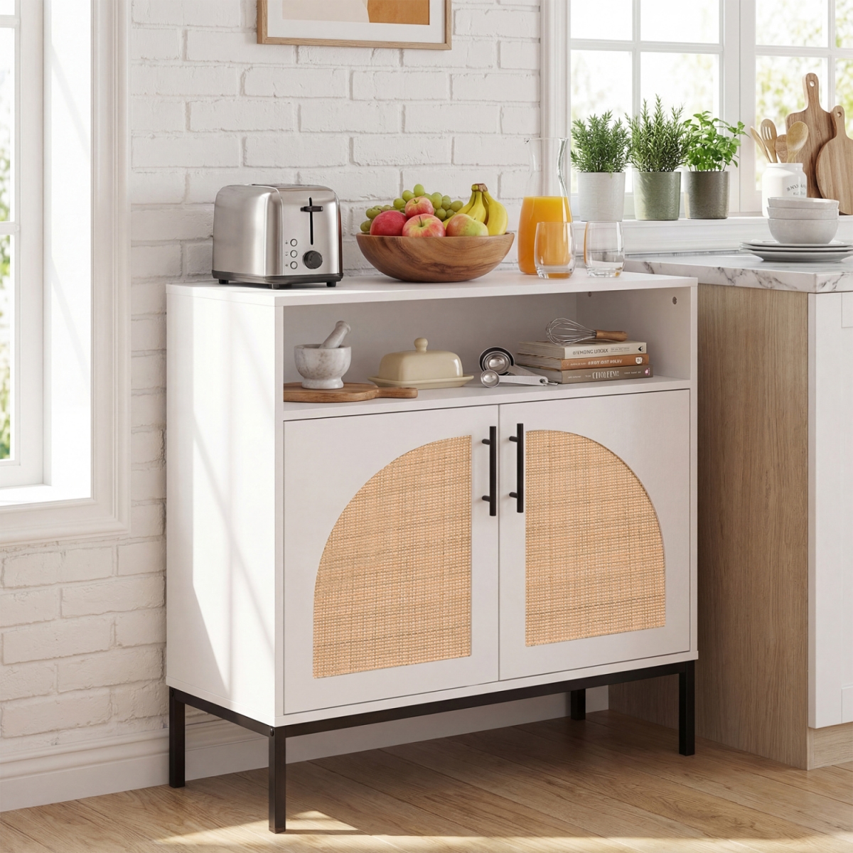 JV14234WH 32 in. Sideboard Buffet Cabinet with 2 Natural Rattan Decorated Doors & Adjustable Shelf - White
