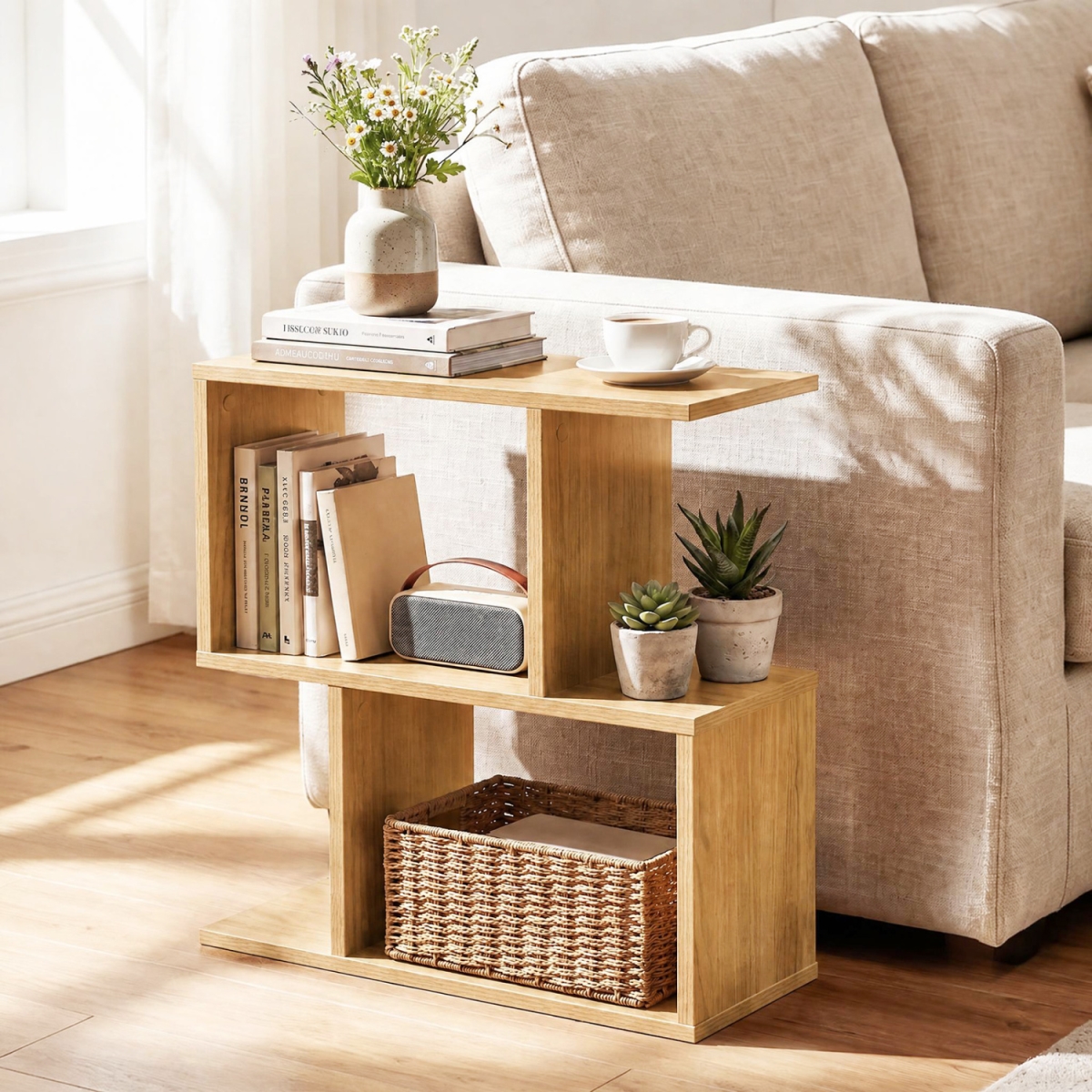JV14242NA-1 Decorative Storage Shelf Featuring Open Layout & Non-Slip Foot Pads Room Separator - Natural