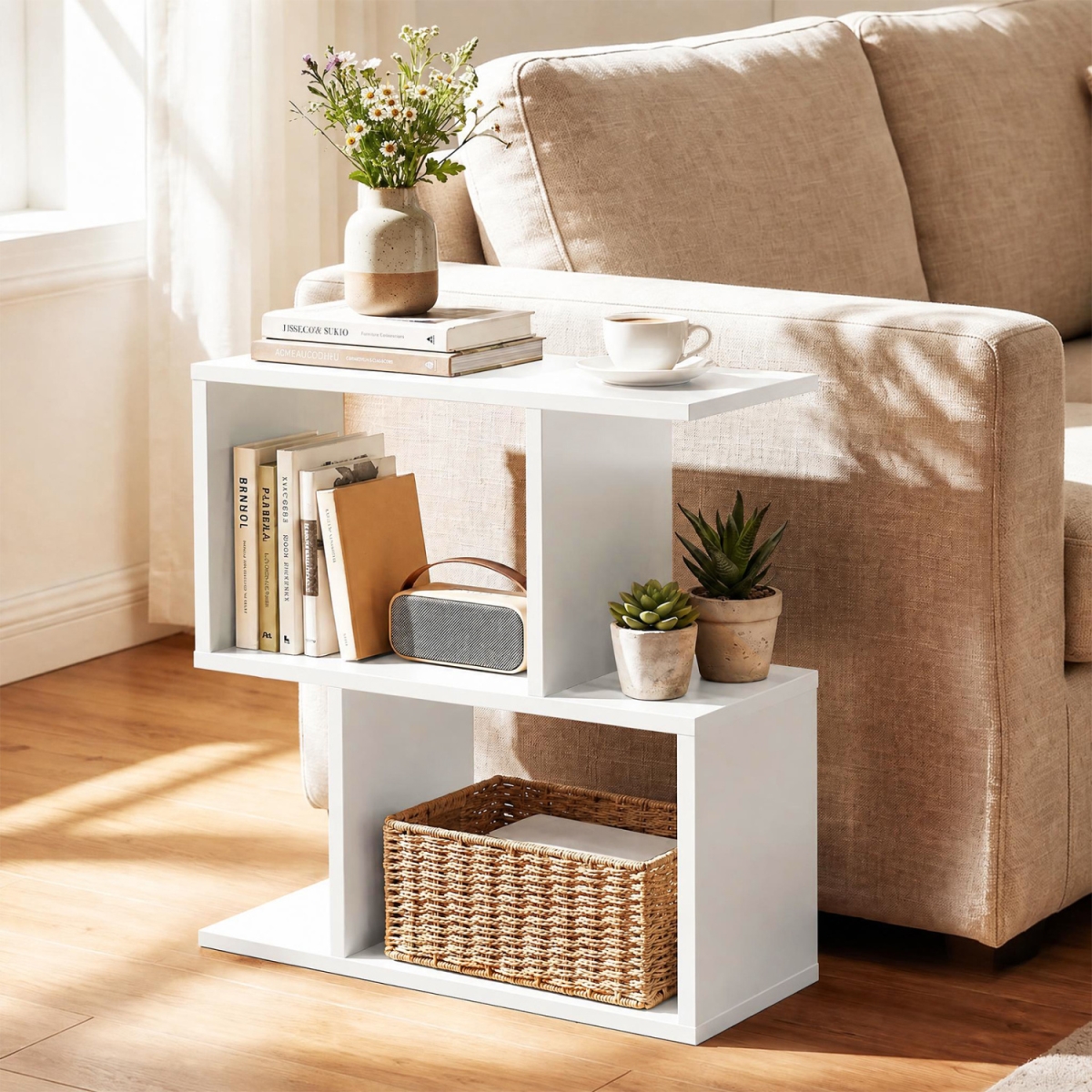 JV14242WH-2 3-Tier Geometric Bookshelf Freestanding Display Shelf Side Table - White - Set of 2