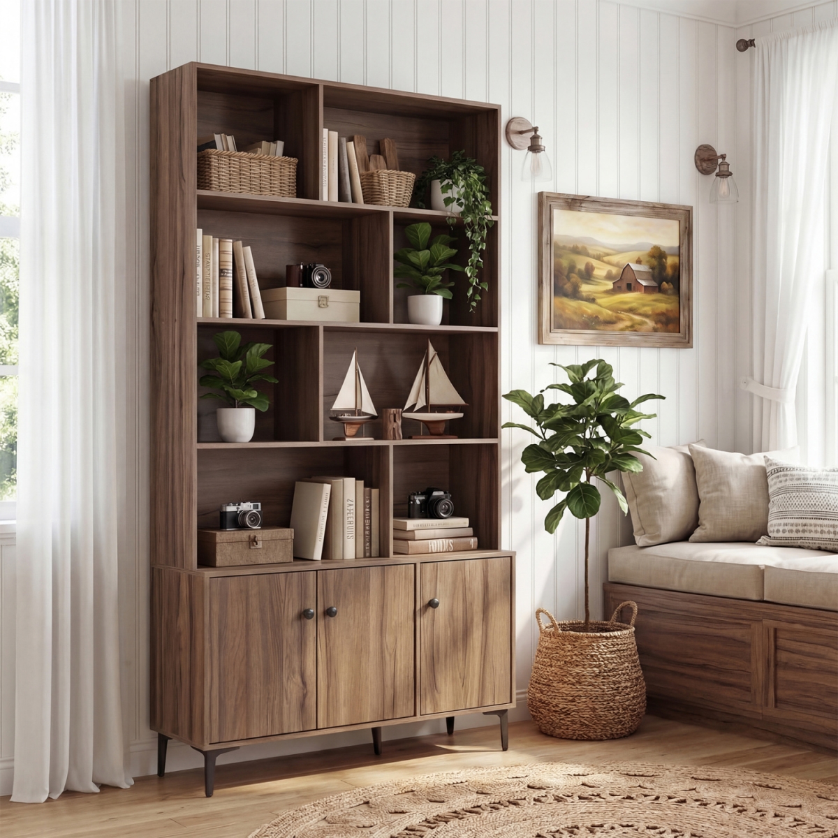 JV14268BN Bookshelf with 3 Doors & 2 Anti-Tipping Kits for Home Office - Walnut