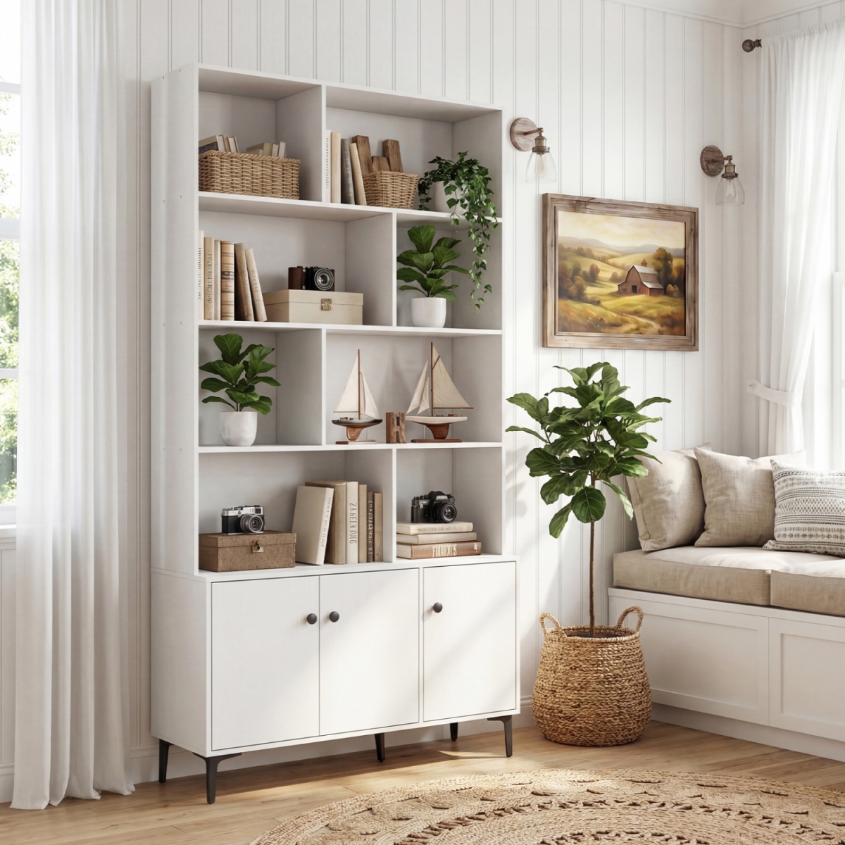 JV14268WH Bookshelf with 3 Doors & 2 Anti-Tipping Kits for Home Office - White