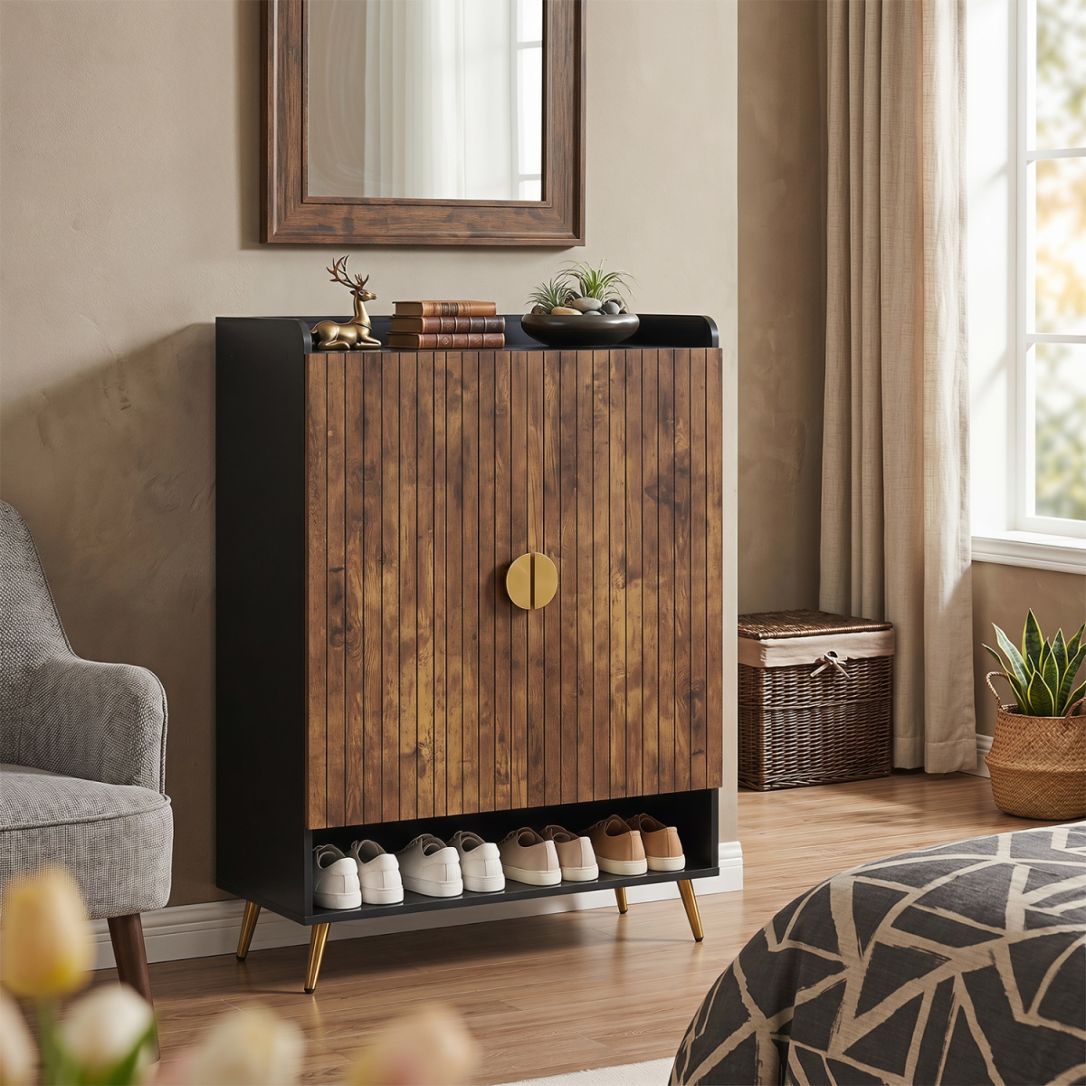 JV14362CF 44 in. Tall Shoe Storage Cabinet with 7-Tier Doors & Adjustable Shelves for Entryway - Rustic Brown