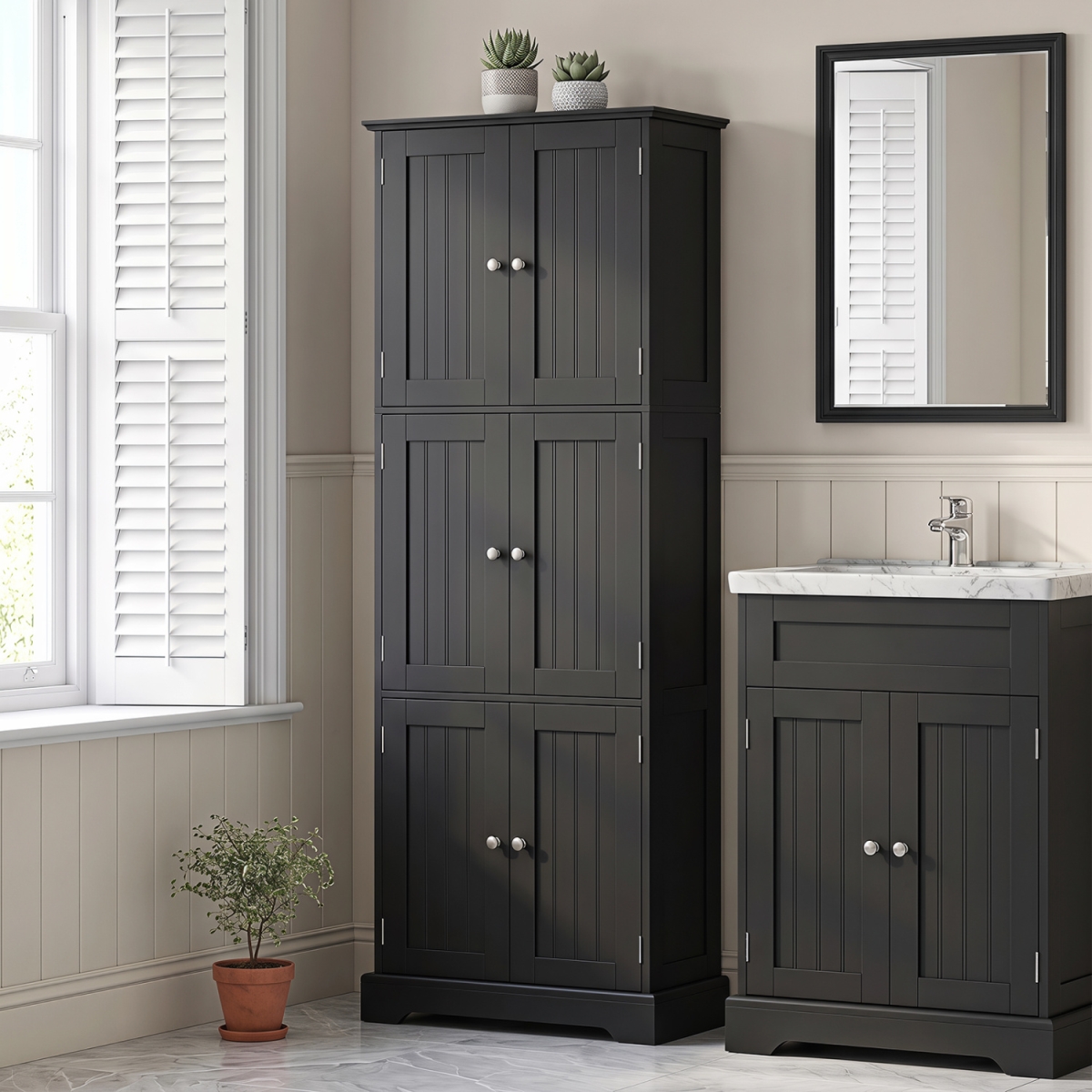 JV14472BK 63 in. Tall Bathroom Storage Cabinet with 6 Doors & Adjustable Shelves - Black