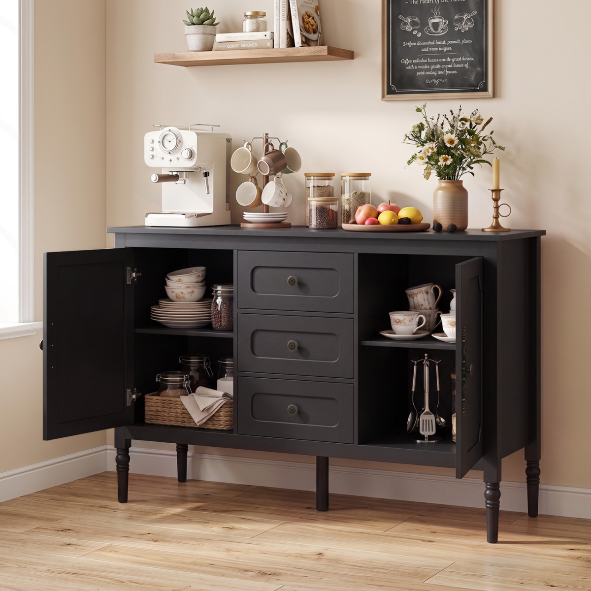 JV14560DK 47 in. Vintage Buffet Cabinet with 3 Drawers 2 Cabinets & Adjustable Shelves for Dining Room - Black