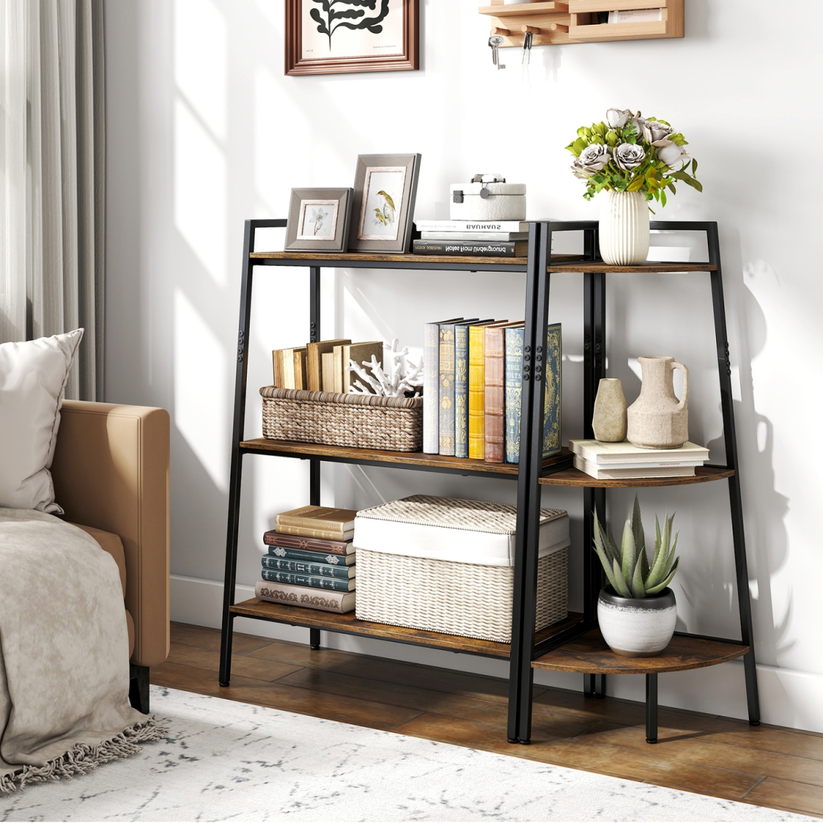 JV14645TY-CF 3-Tier Ladder Shelf & Corner Shelf Set with Metal Frame - Rustic Brown