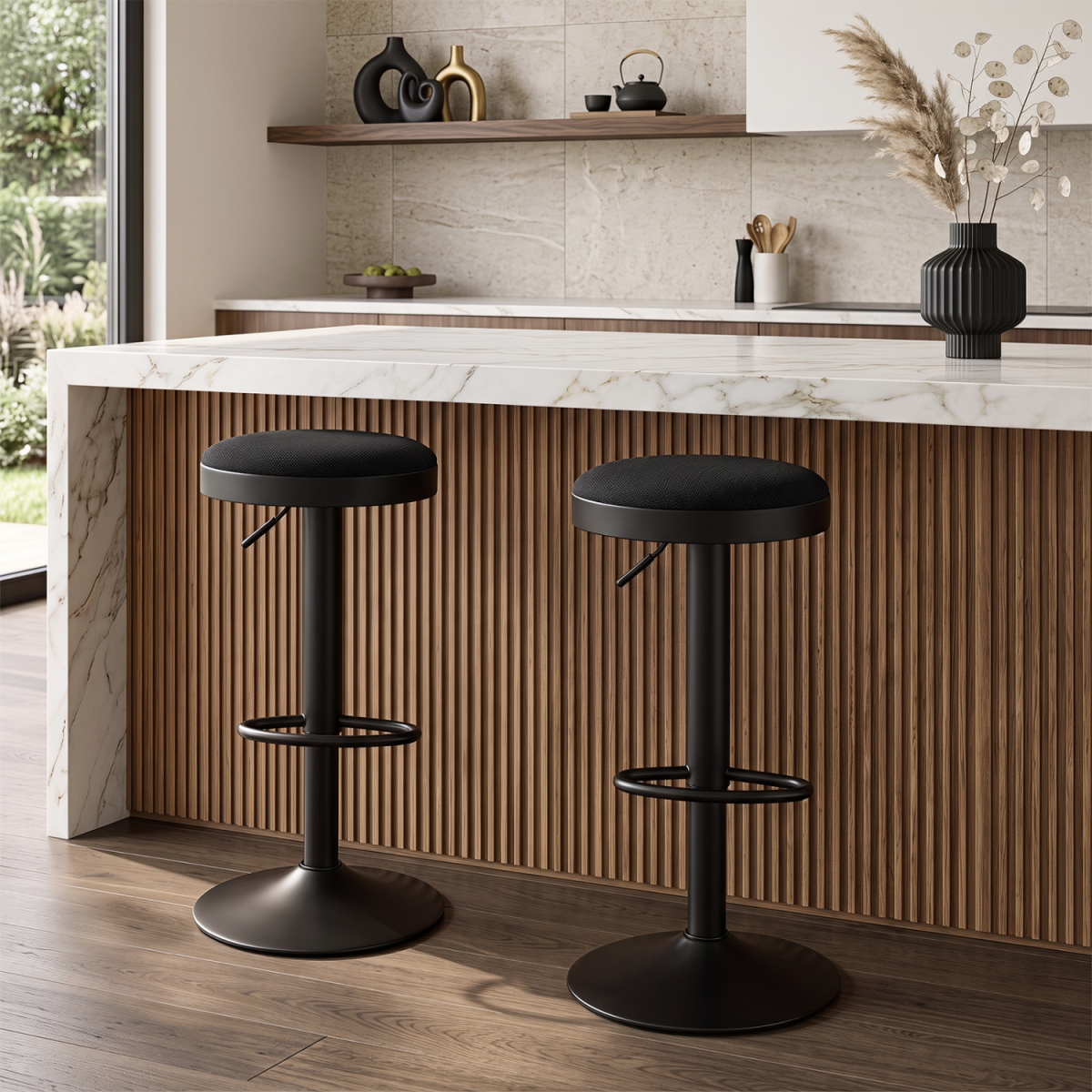 JV14659DK-2 Kitchen Bar Stools with Height Adjustment Padded Seat & D-Shaped Footrest - Black - Set of 2
