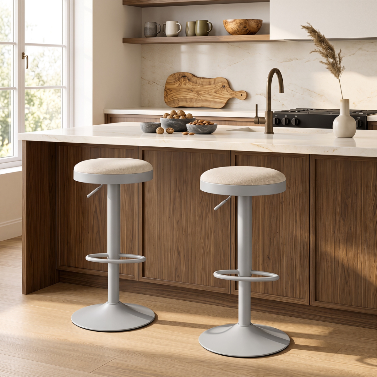 JV14659HS-2 Kitchen Bar Stools with Height Adjustment Padded Seat & D-Shaped Footrest - Gray - Set of 2