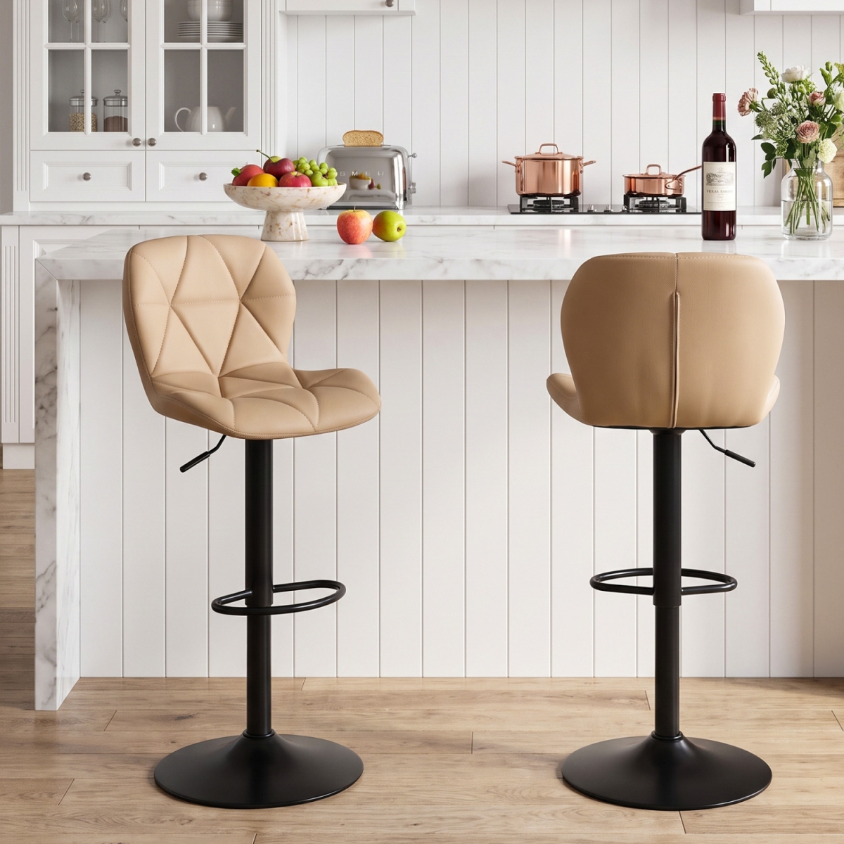 JV14961CF-2 Upholstered Swivel Bar Stools with Adjustable Height & Curved Backs - Khaki - Set of 2