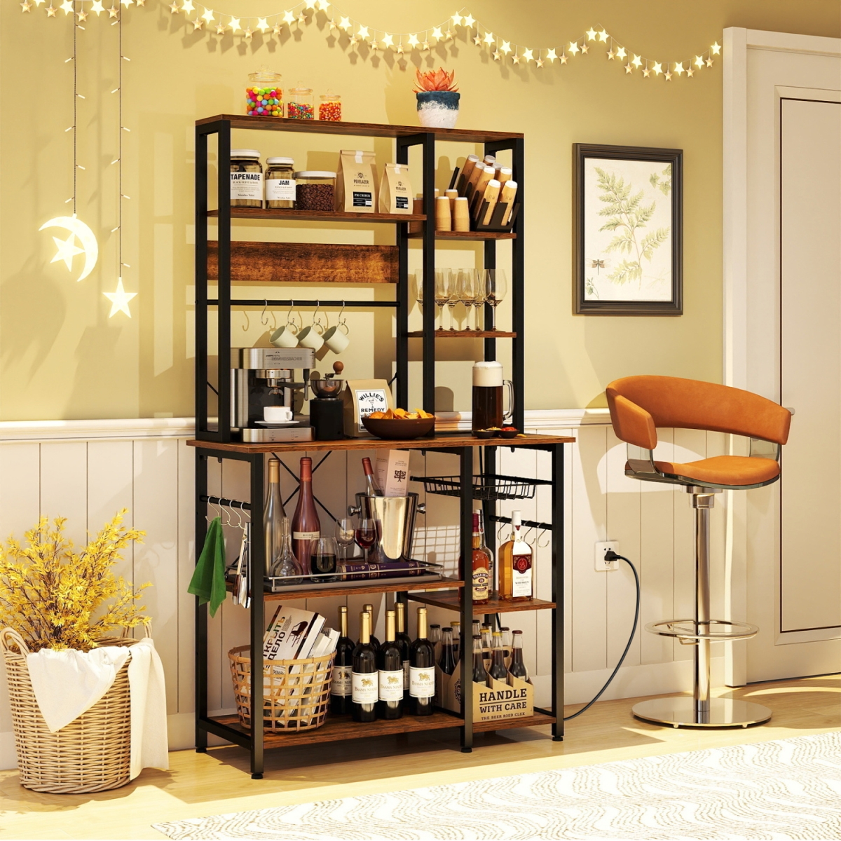 KC58196US-CF 6-Tier Bakers Rack with Power Outlet Stand Wooden Open Shelves - Rustic Brown