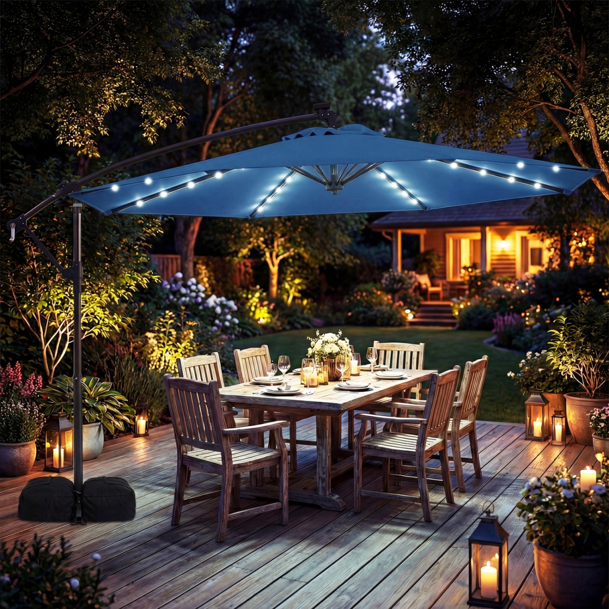 NP12351NY 10 ft. Solar Offset Hanging Umbrella with Base & 32 LED Lights - Navy