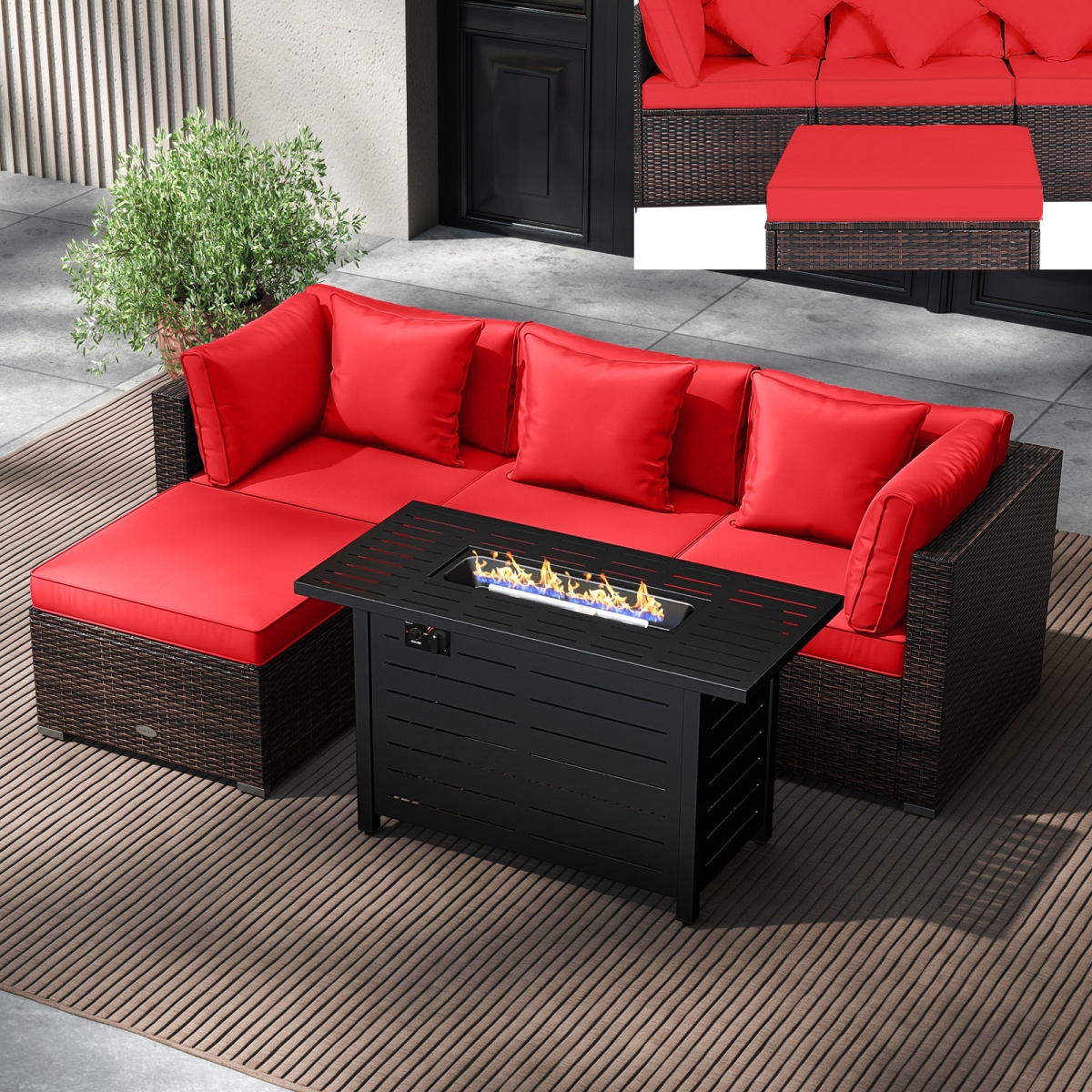 OP70370-HW66750ARE- Heavy-Duty Frame Rattan Sofa Set with 60000 BTU Firepit Table - Red