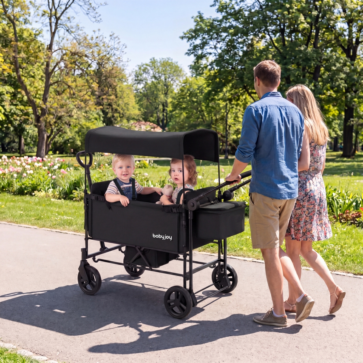 TS10430DK Foldable Wagon Stroller for 2 Kids with Removable Canopy & Adjustable Push Handle - Black