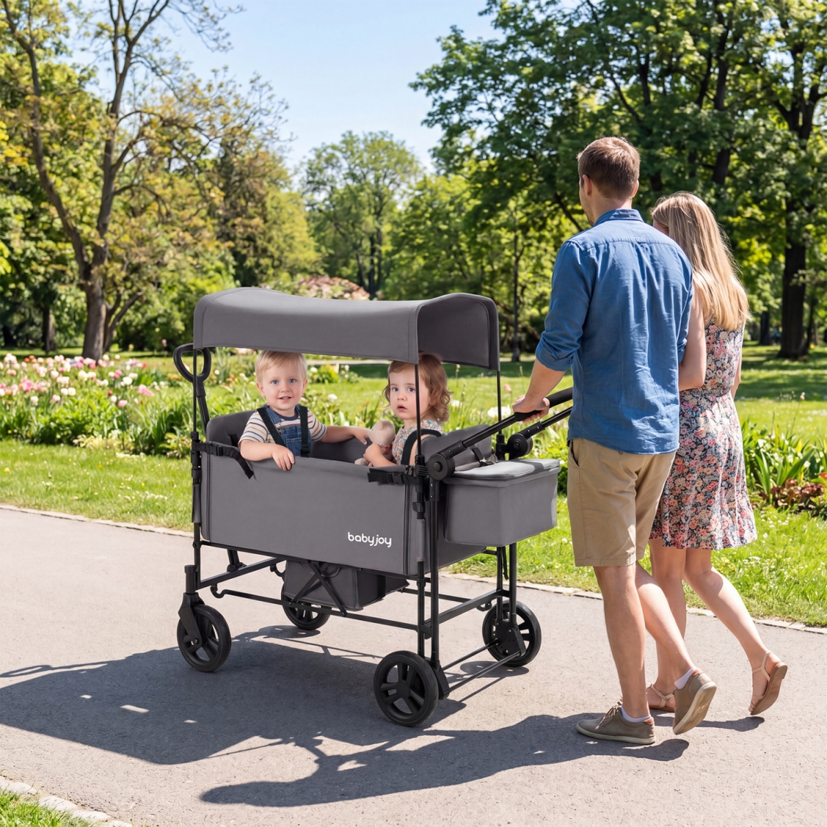 TS10430GR Foldable Wagon Stroller for 2 Kids with Removable Canopy & Adjustable Push Handle - Gray