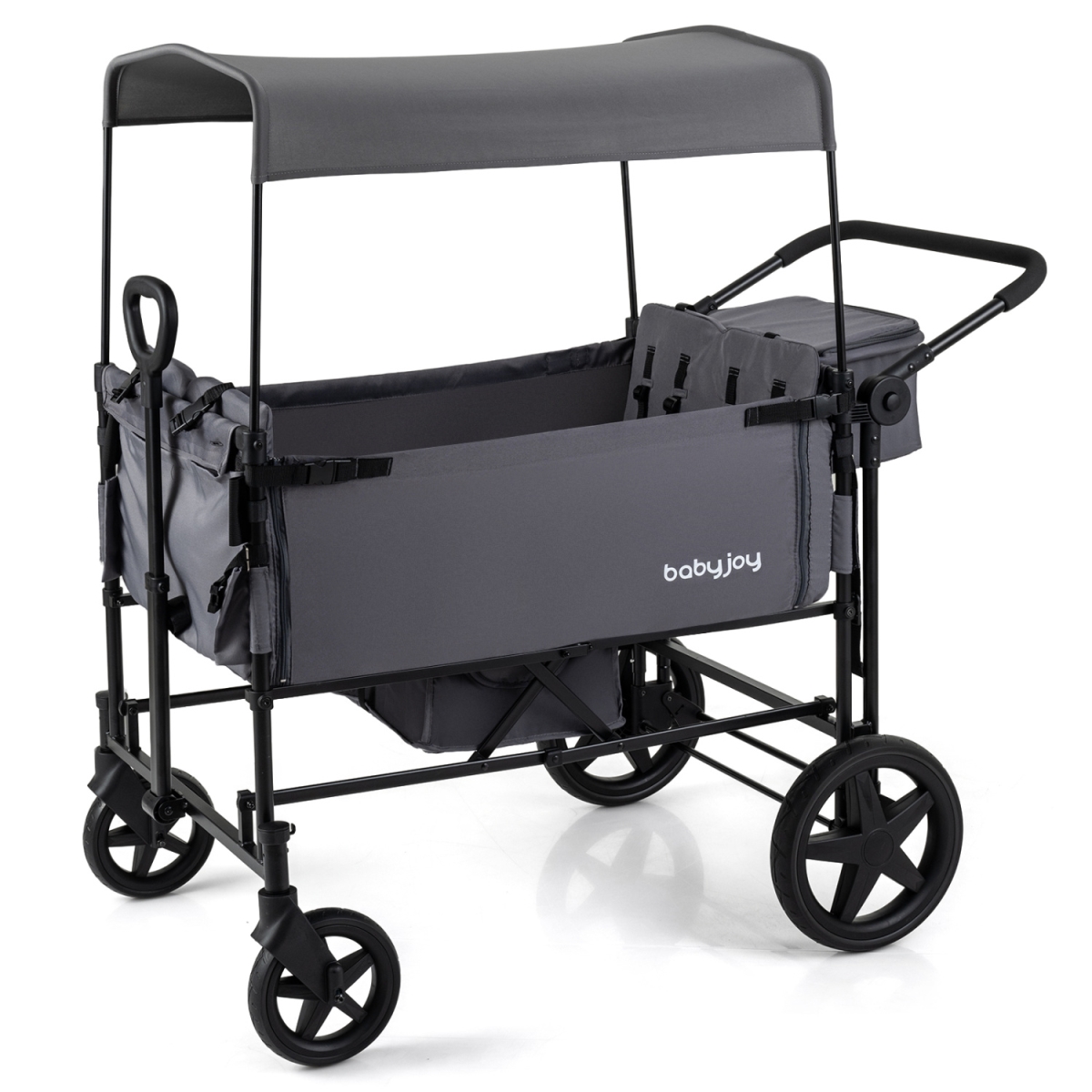 TS10436GR Foldable Wagon Stroller for 4 Kids with Removable Canopy & Adjustable Push - Gray