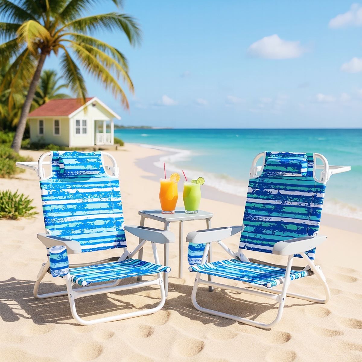 NP12546BL-2 Folding Beach Chair with Adjustable Positions & Head Pillow - Blue - Pack of 2