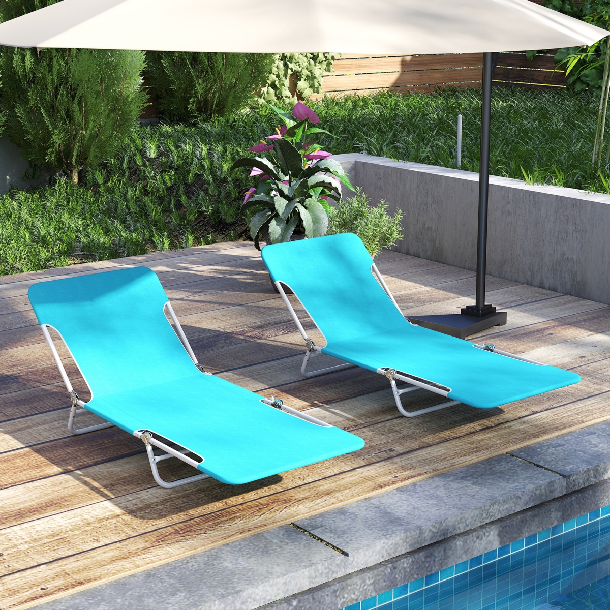 NP12548NY-2 5-Position Lay Flat Beach Recliner with Carry Strap & Metal Frame - Navy - 2 Piece