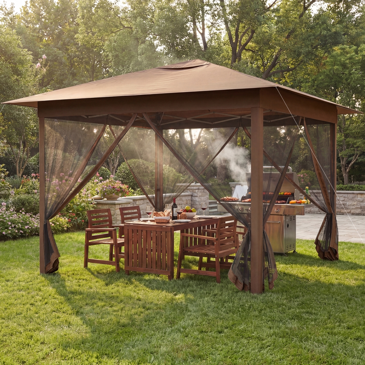NP13037CF 11.5 x 11.5 ft. Pop-Up Canopy Instant One-Person Setup with Mesh Screen Netting - Brown