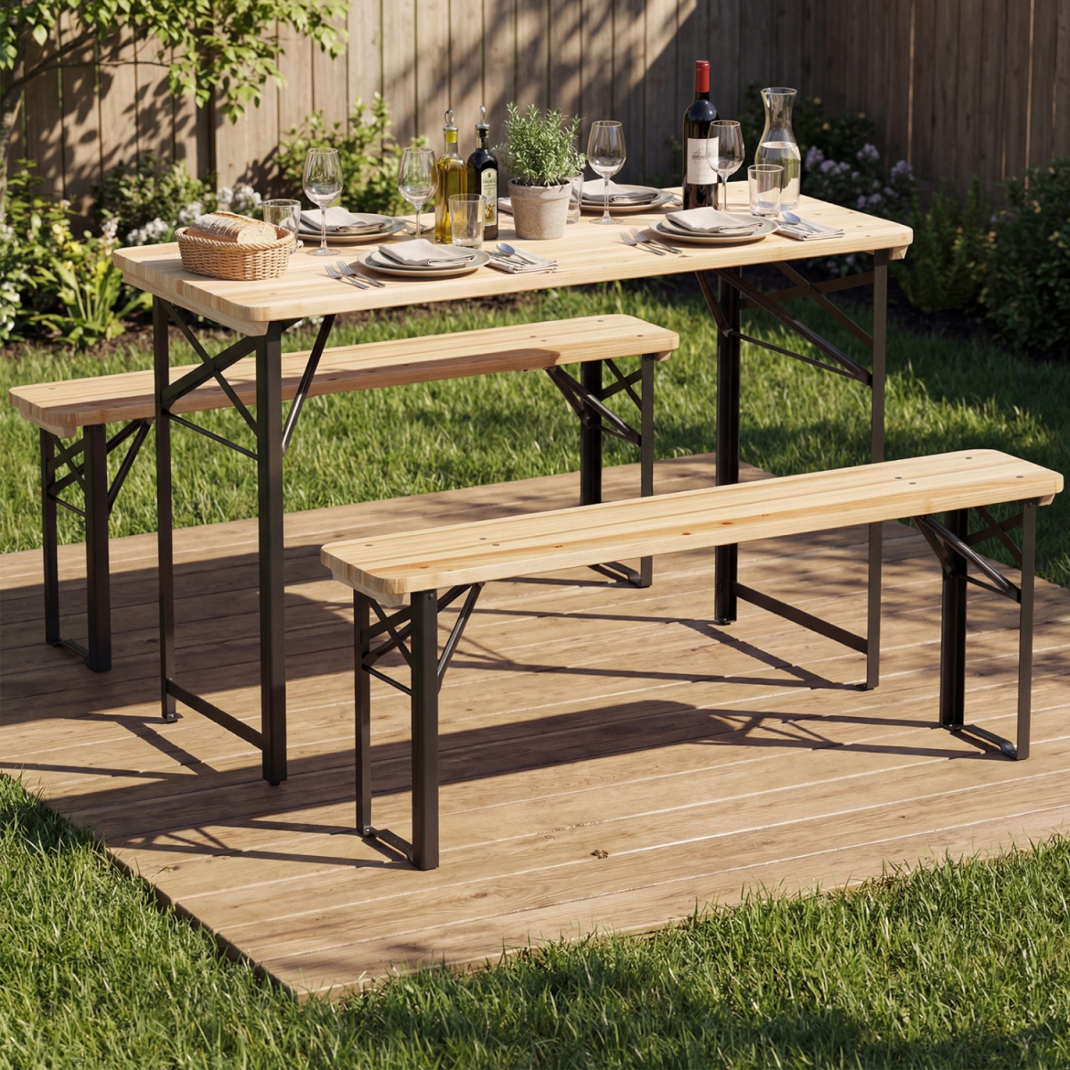 NP13167DK Folding Picnic Table with Benches Fir Wood Portable Bear Camping Set - Natural - 3 Piece