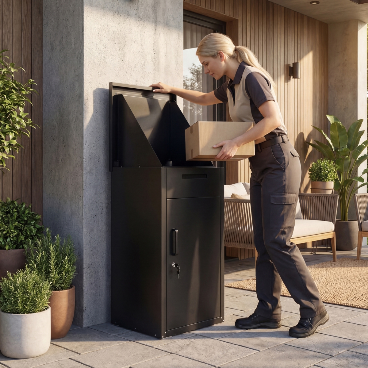 NP13225DK Package Delivery Box with Anti-Theft Board & Lockable Door - Black