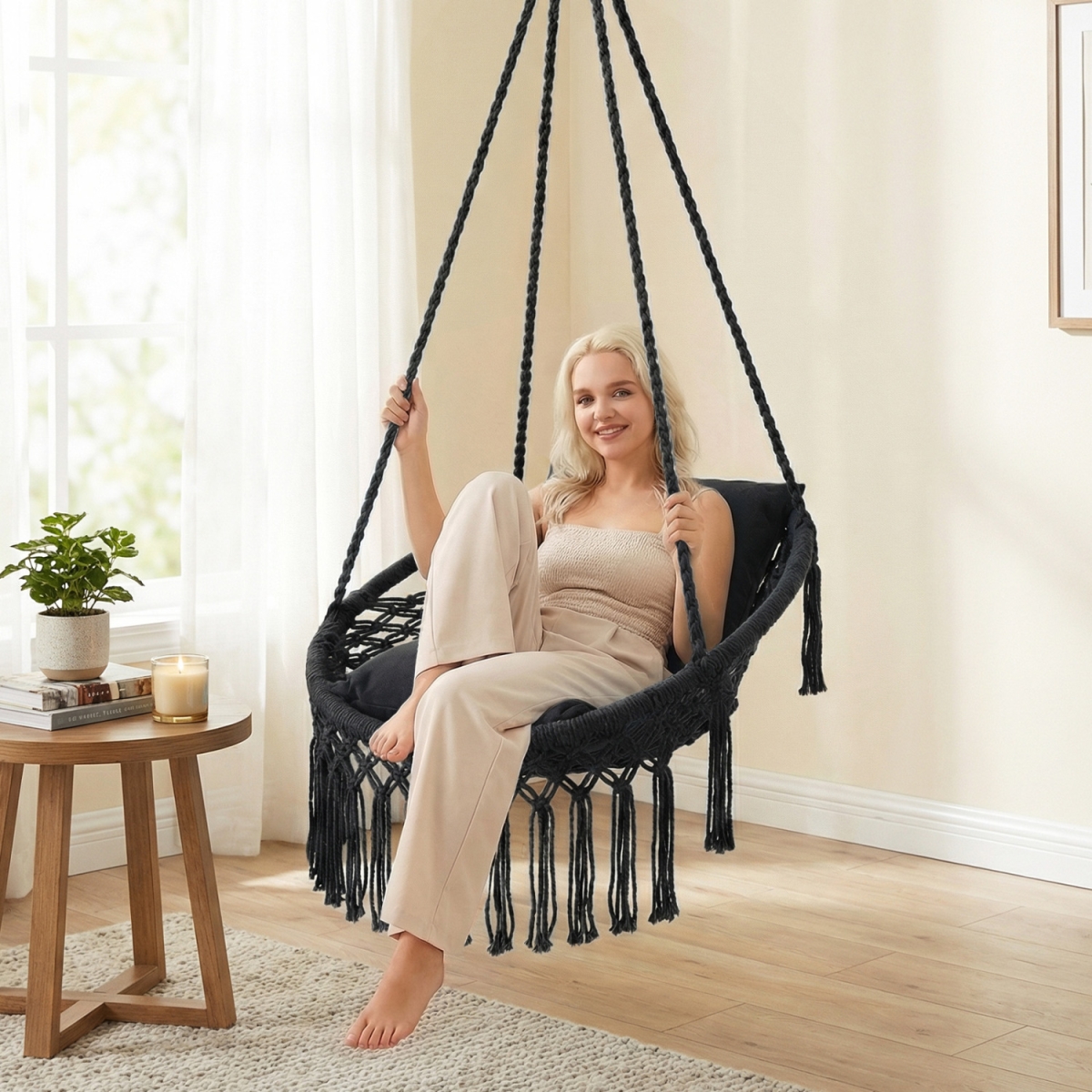NP13235DK Macrame Swing Chair Hammock Chair with 2 Removable Cushions - Black