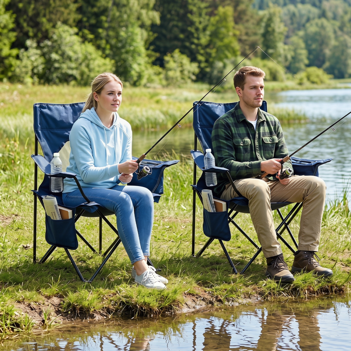 NP13325NY Folding Camping Chair with Mesh Fabric Backrest Solid Metal Frame & Carrying Bag - Blue