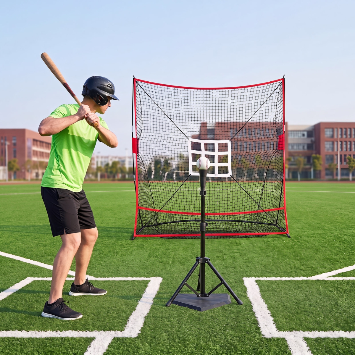 SP38795 7 x 7.4 ft. Baseball Practice Net with 2 Strike Zones & Large Ball Collection System - Black & Red