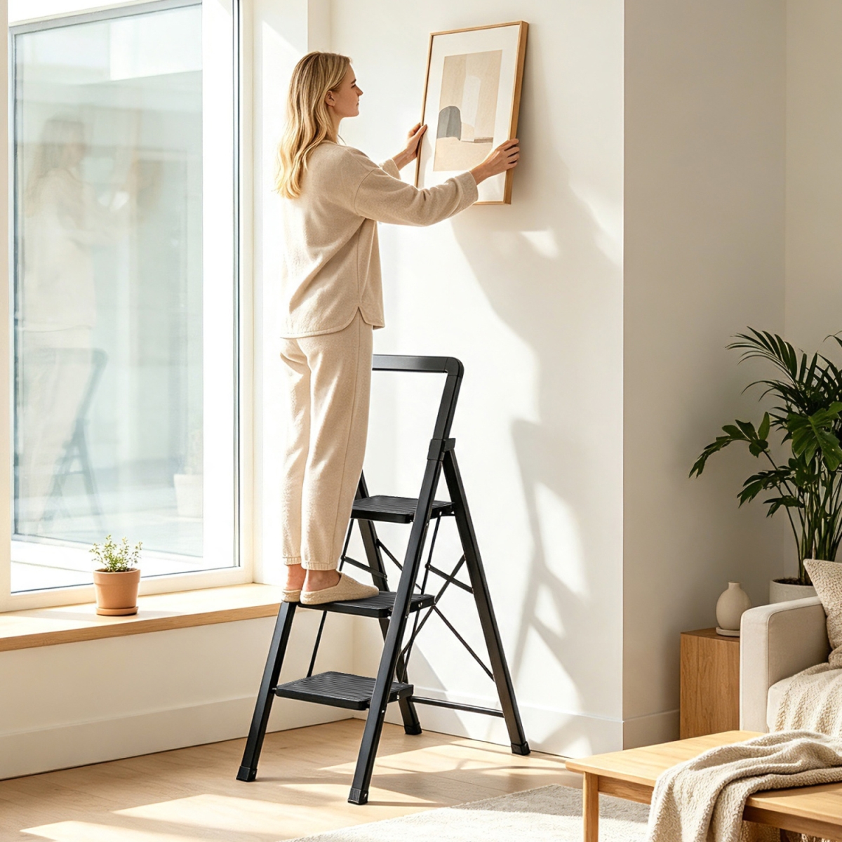 TJ10054DK-3 3 Step Black Folding Step Stool with Wide Anti-Slip Pedals
