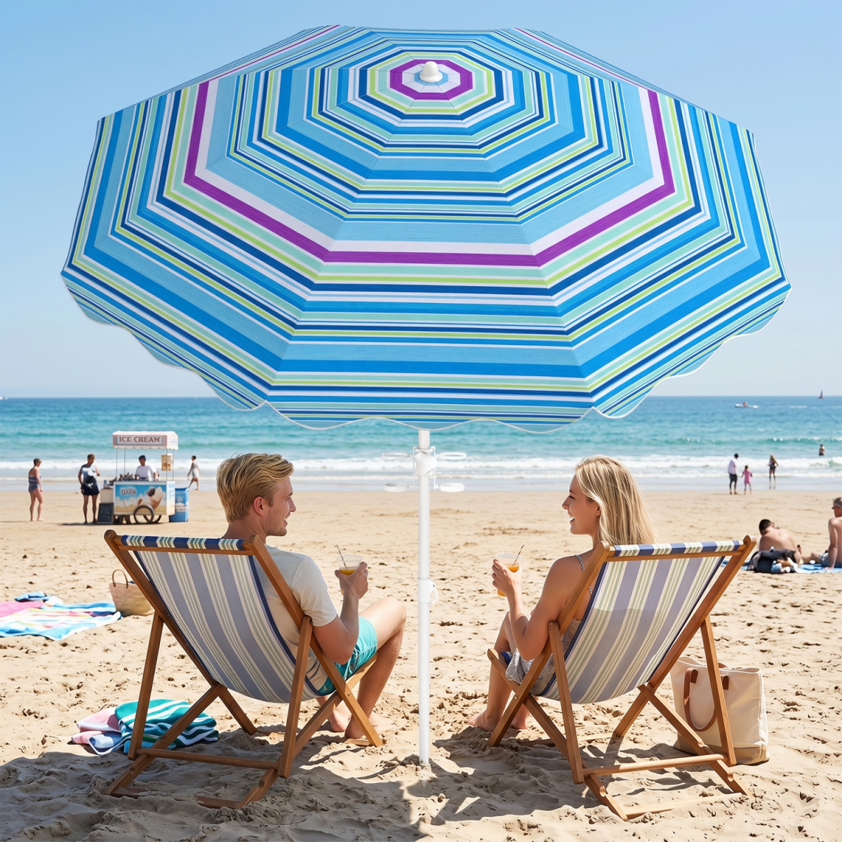 NP13651BL 6.5 ft. Beach Umbrella UPF 50 Plus with Sand Anchor for Garden Pool - Blue